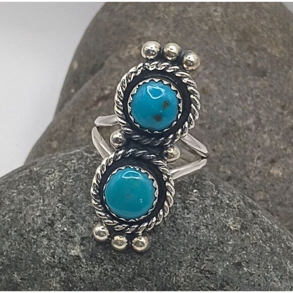 Handmade Jewelry - Native Southwest Style Sterling Silver Double Turquoise Stone Ring Size 7